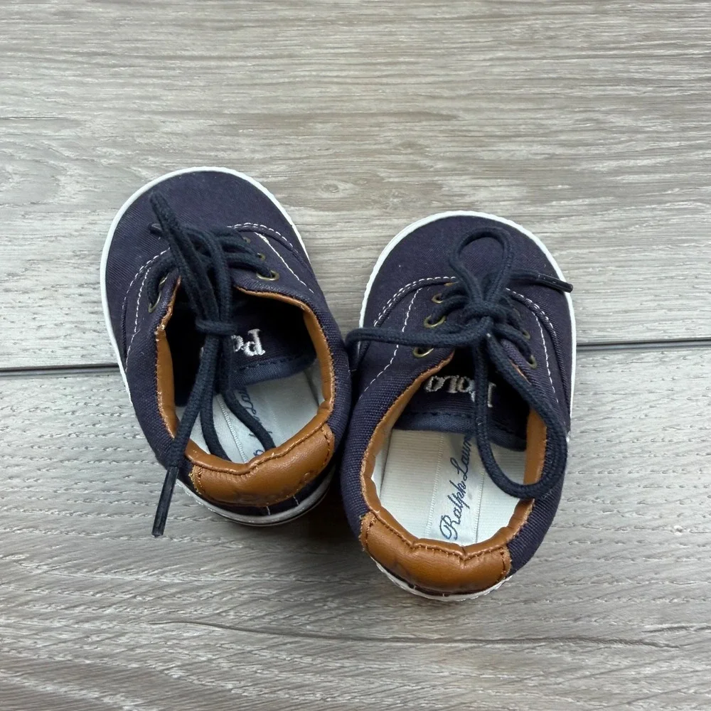 Polo Ralph Lauren Boys Crib Shoes Canvas Leather Trim Navy Blue Size 2